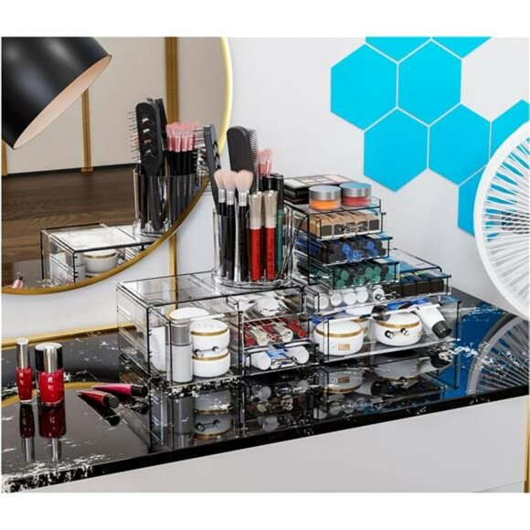 Clear acrylic makeup organizer set skincare drawers vanity storage holder - Picture 2 of 7